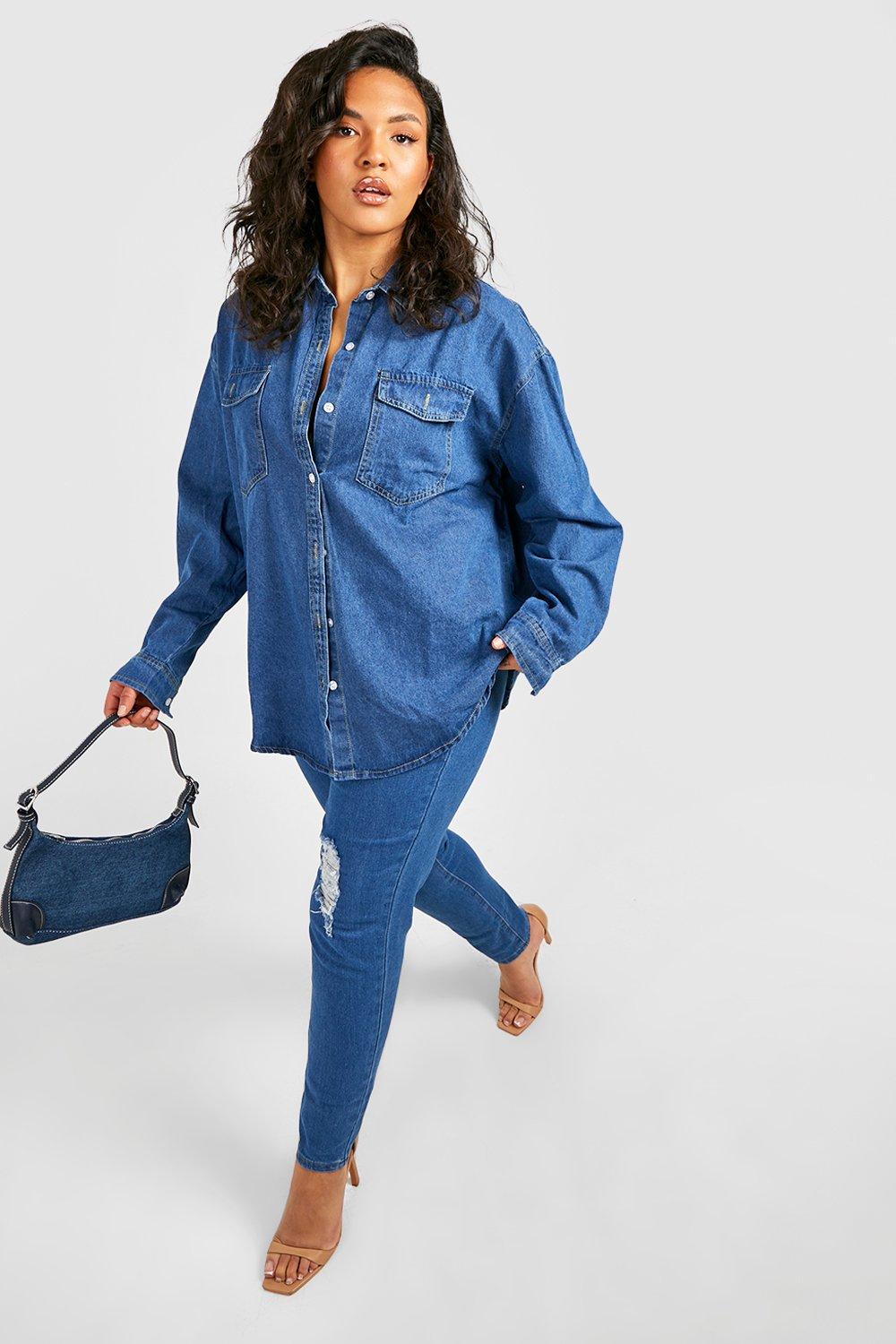 Ladies plus size sales denim shirt